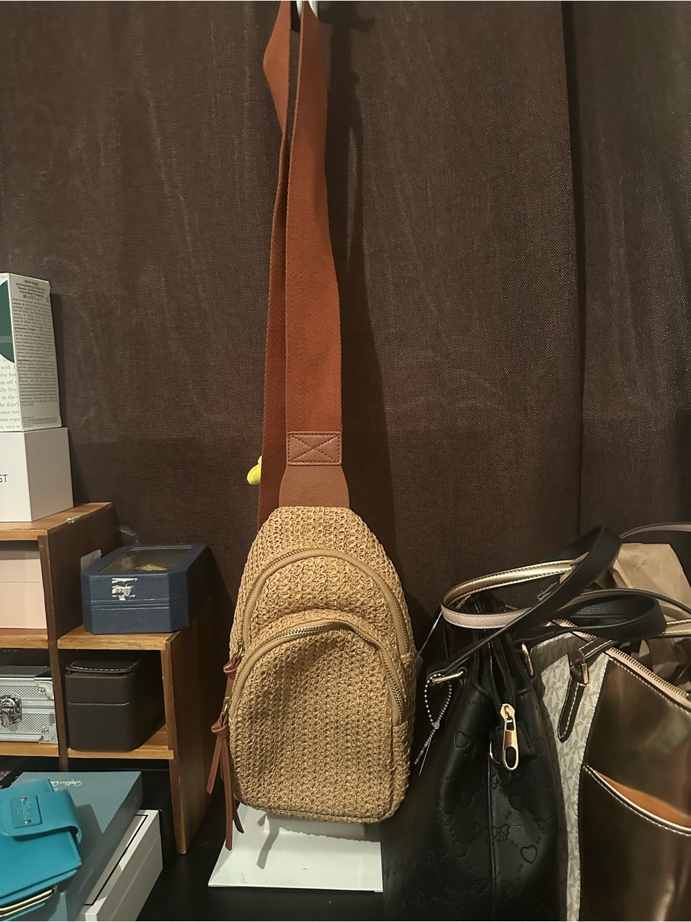 Men's Brown Woven Sling Belt Bag with Adjustable Strap